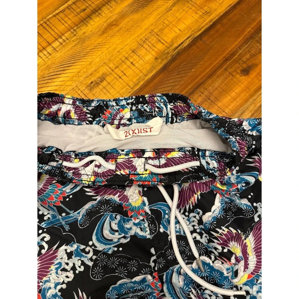 2(X)IST Men’s Medium Swim Trunks Japanese Heron Print Short Lined Drawstring